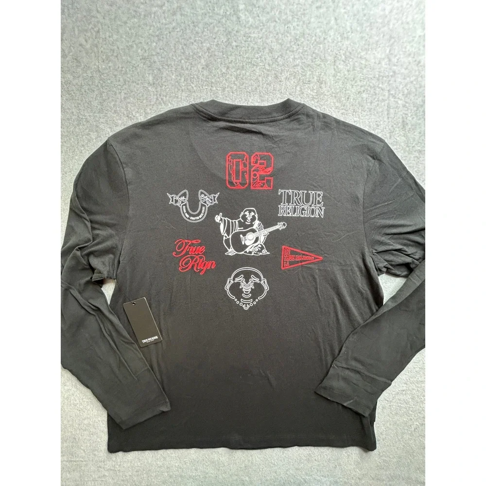 True Religion Mens LS Multi Logo Tee Jet Black Long Sleeve T-Shirt NWT XXL